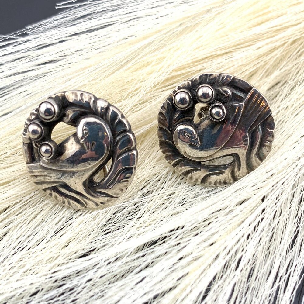Georg Jensen Dove w/Silver "Pearls" Screw-back Earrings No 66 Vtg Denmark J905